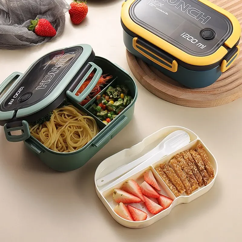 Enkele Dubbellaagse Lunchbox Draagbaar Compartiment Fruitvoedselmagnetron Lunchbox Met Vork En Lepel Picknick Verse Doos