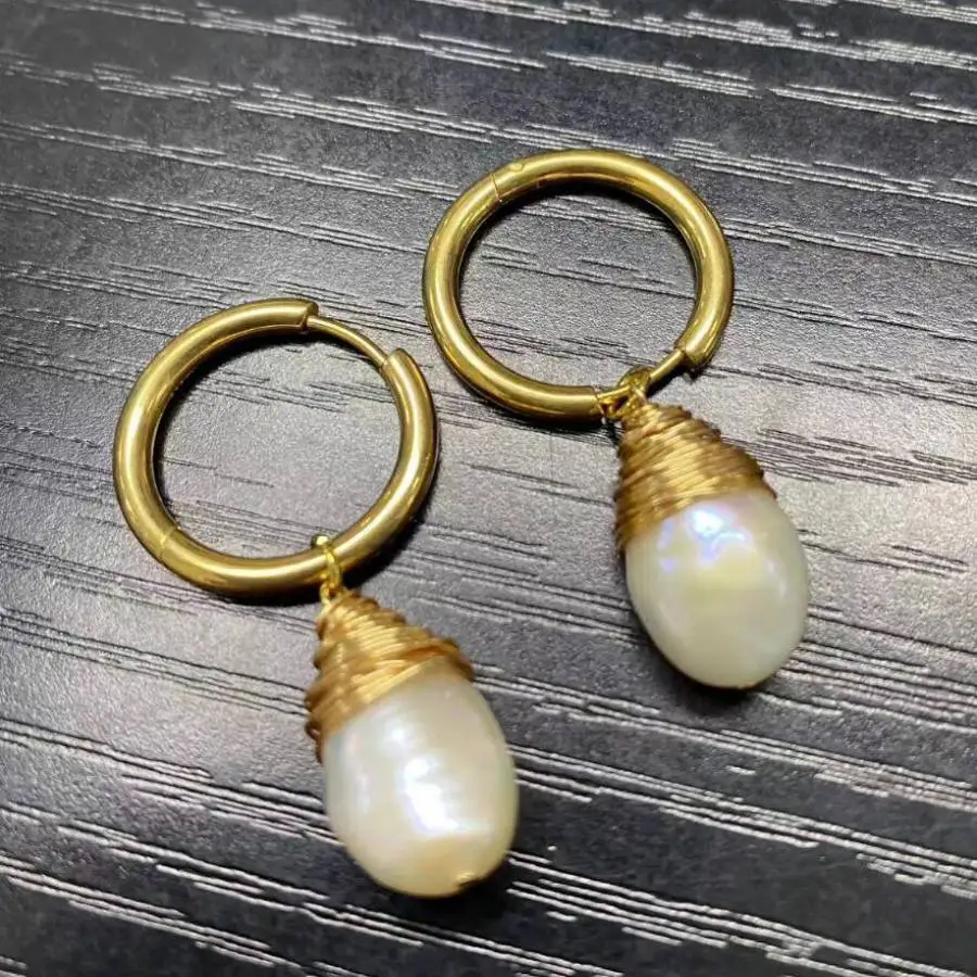 Handmade freshwaterpearls White Baroque Pearl Earrings 14K Children Hoop Stud Platinum Ear Cuff Gemstone Formal Bohemian