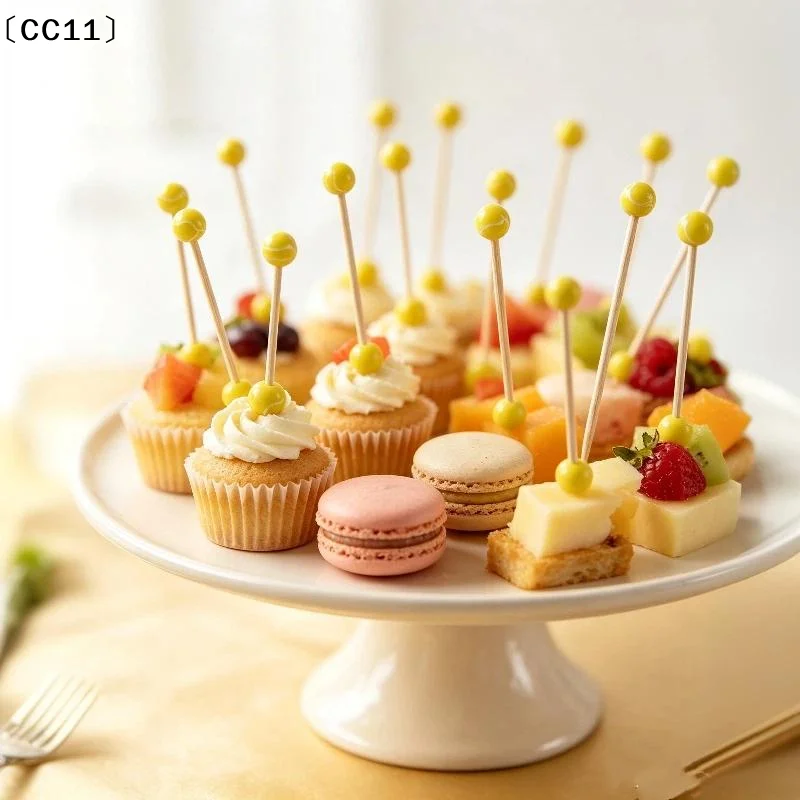 100Pcs 120mm Home Party Wedding Supplies Disposable Cocktail Yellow Tennis Fruit Sticks Bamboo Pick Skewers〔CC11〕
