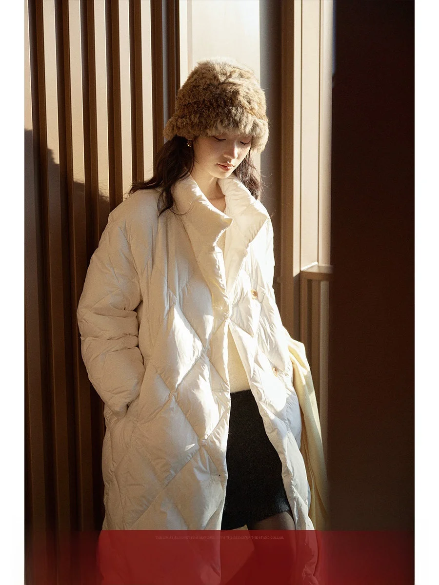 

Lalaglow 90 White Duck down Three-Proof Long Quilted Jacket Women's Winter Warm Outerwear Straight Cut Commute Style