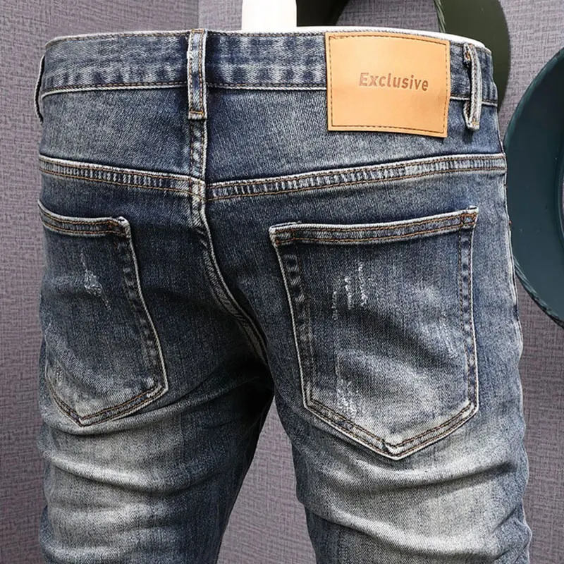 Streetwear Fashion Men Jeans Retro Blue Stretch Elastic Slim Fit Ripped Jeans Men Vintage Designer Denim Pencil Pants Hombre