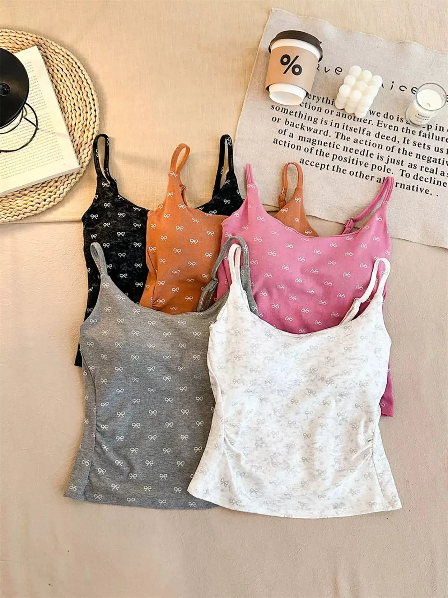 Sexy  Knot Print Strap Vest Women's Autumn with Chest Pad Slimming Inner And Outer Wear Spicy Girl Style Top