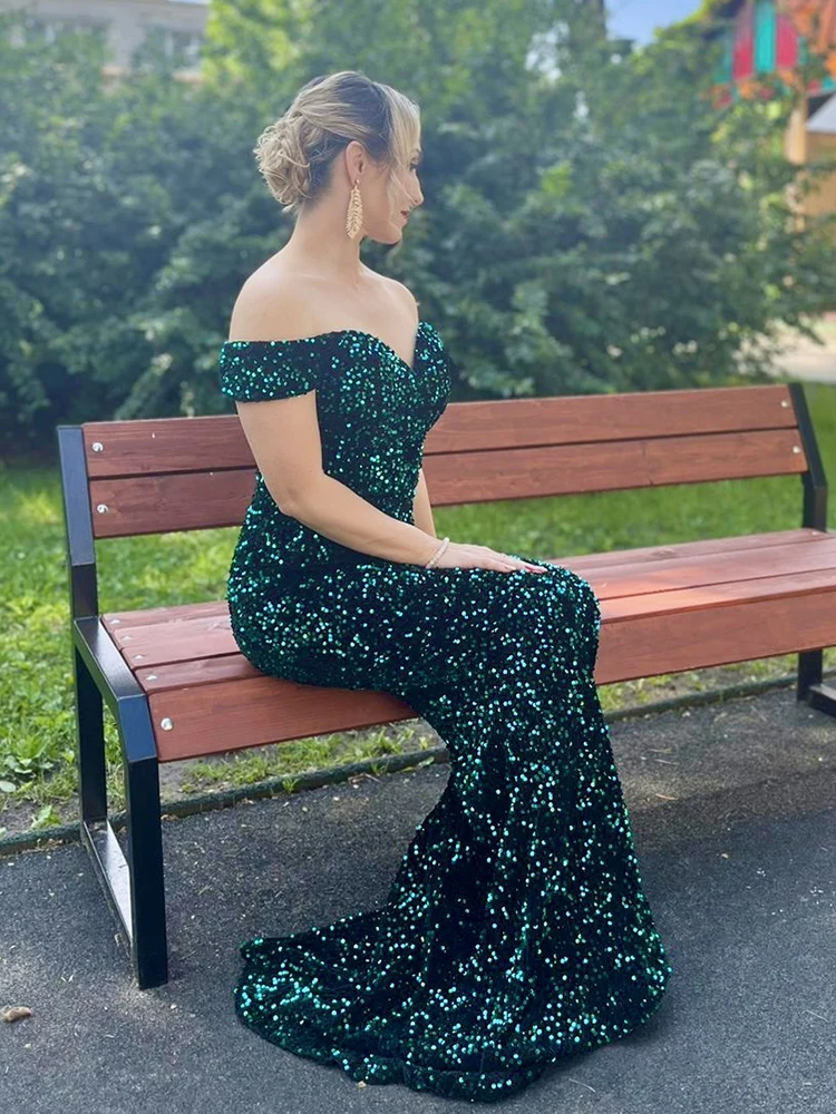 Off Shoulder Sleeveless Evening Gown Velvet Slash Neck Padded Stretch Sparkle Sequin Customized Wedding Party Dress Elegant Wome