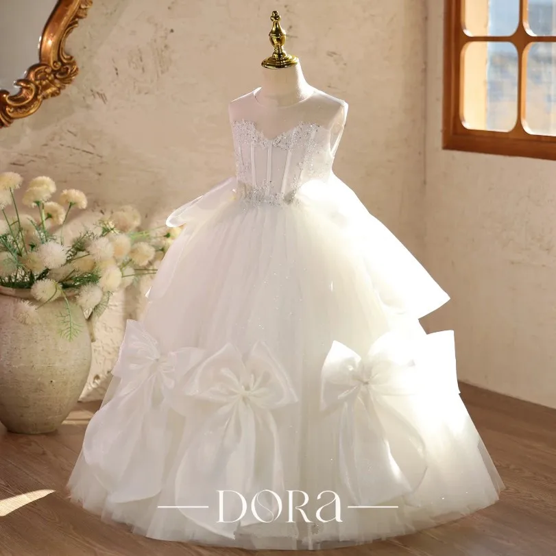 Bodenlanges Blumenmädchenkleid aus Tüll mit Spitze und Schleife, Prinzessinnenkleid für Hochzeit, Party, Geburtstag, Festzug, formelle Kleider für Mädchen A5086 – Detail 5