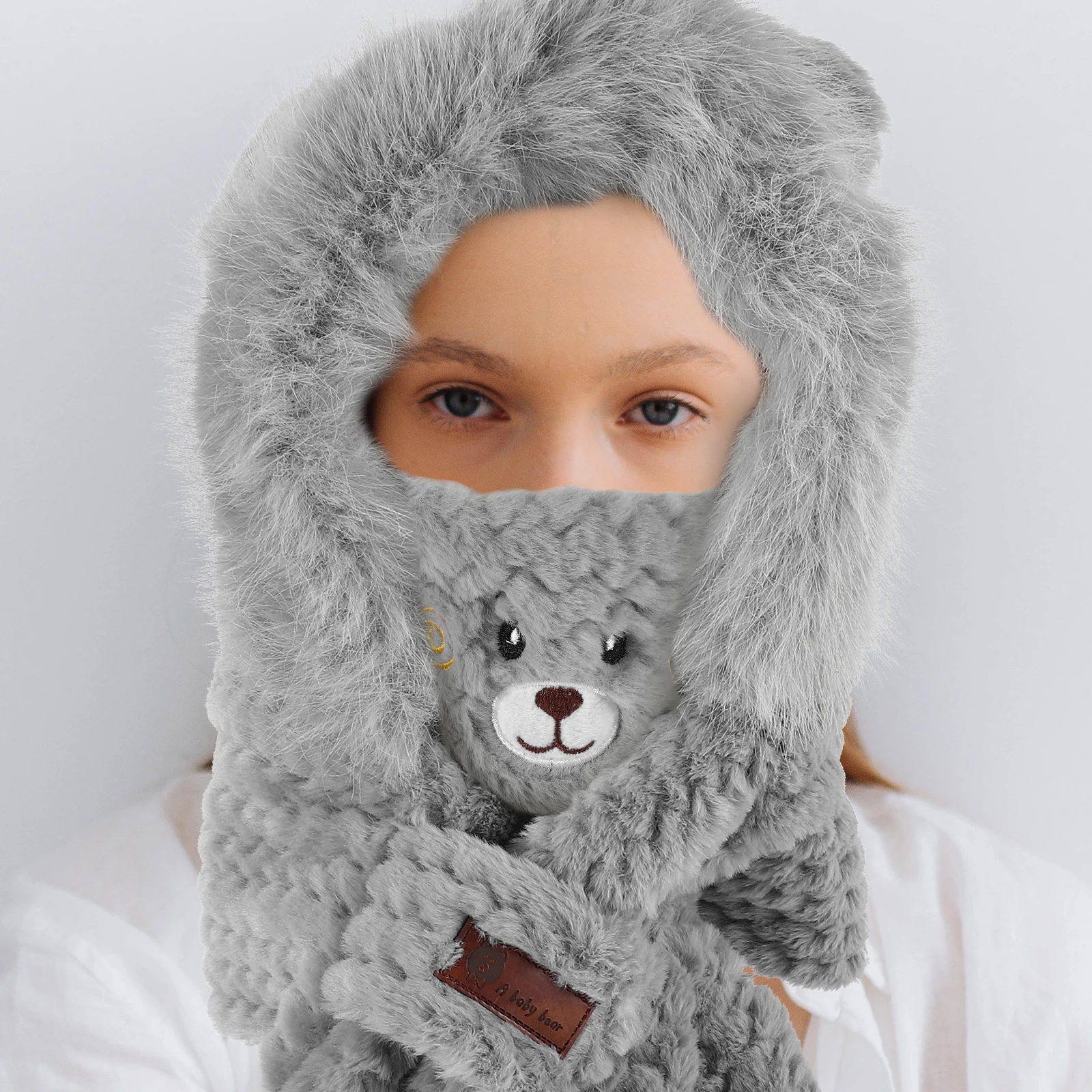 1 مجموعة الشتاء الدافئة الدب الأذن قبعة وشاح قناع قفازات مجموعة للنساء في الهواء الطلق الدراجات يندبروف المألوف الدافئة بطانة وشاح قبعة #6