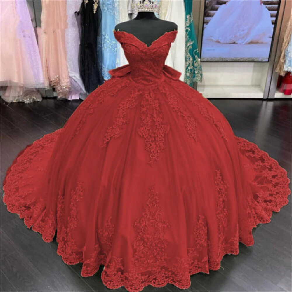 Elegant Lace Off ไหล่ทอง Quinceanera ชุดเซ็กซี่ Applique กับโบว์ Vestidos De 15 Años ที่กําหนดเอง