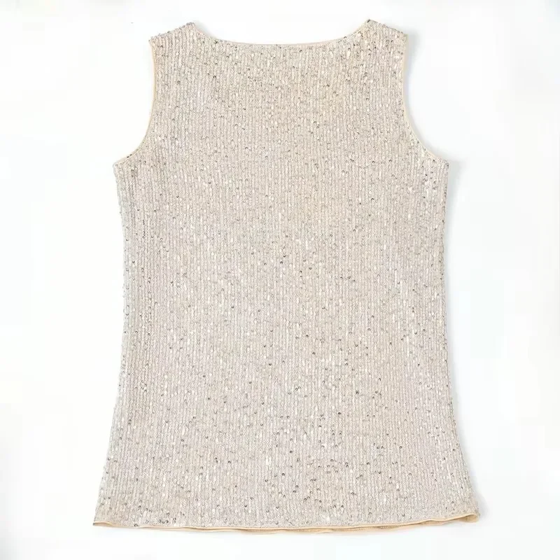 Sommermode für Damen, tiefer V-Ausschnitt, Pailletten-Tanktop, stilvolles, ärmelloses Polyester-Top, glitzernde Club-Party-Weste-Blusen