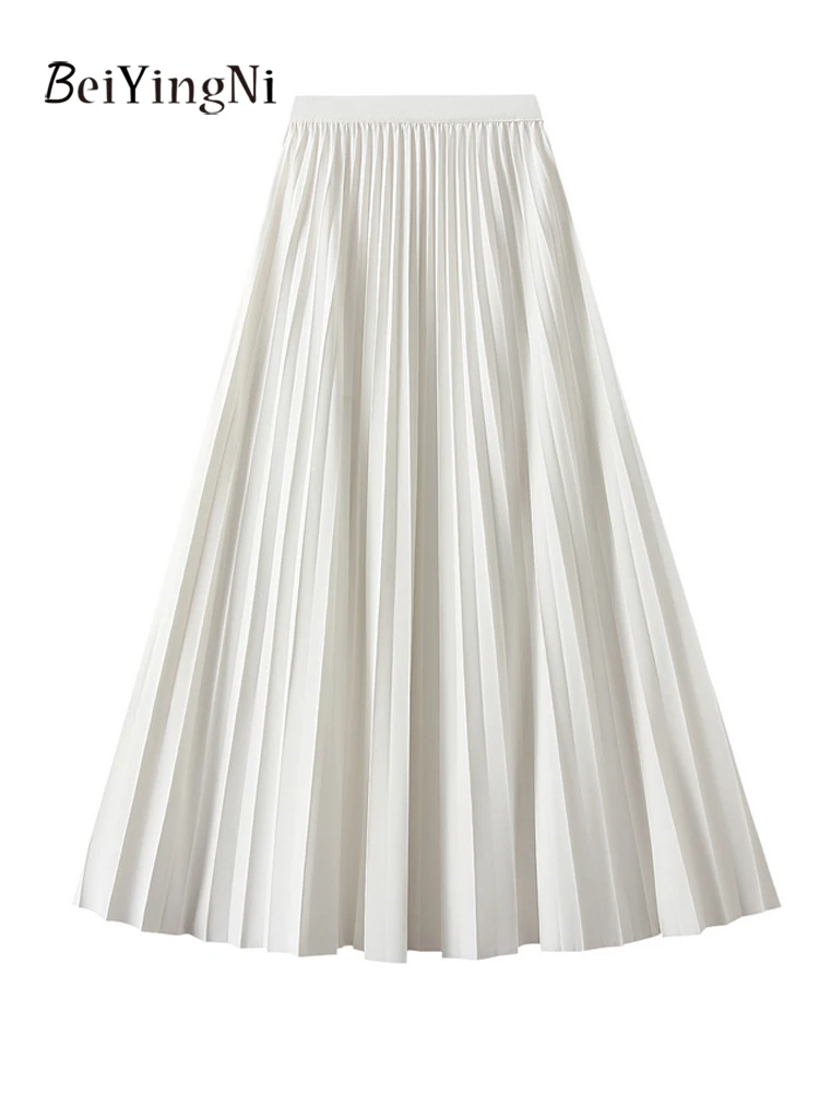 Beiyingni Woman Pleated Midi Skirt Solid Color Casual Woman's Elegant A-line High Waist Skirts Korean Fashion Large Hem Faldas