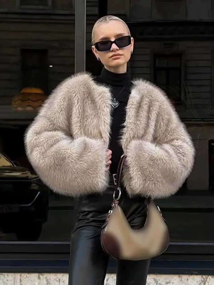 HH Vrouwen Mode Effen Nepbontjas O Hals Lange Mouw Cropped Jas Herfst Winter Vrouwelijke Mode High Street Bovenkleding