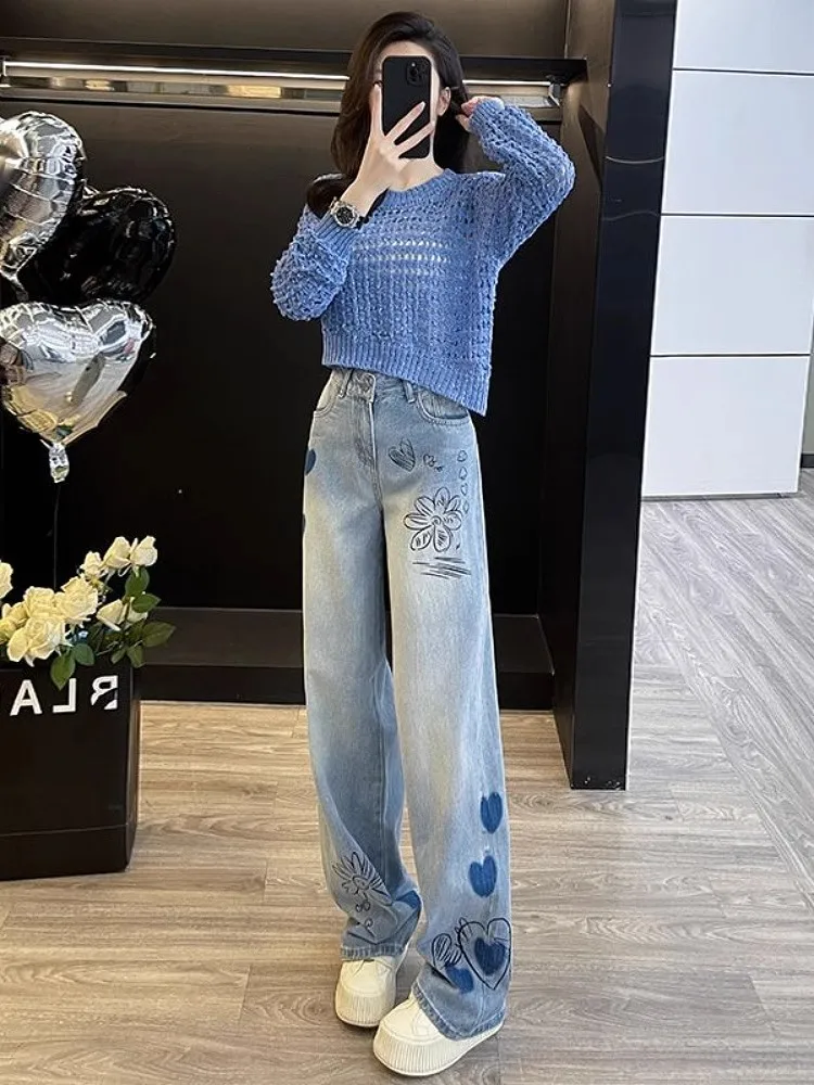 

Blue High Waist Straight Leg Jeans Women's Spring Design Sensation Love Heart Anti-Aging Loose Wide Leg Long Pants