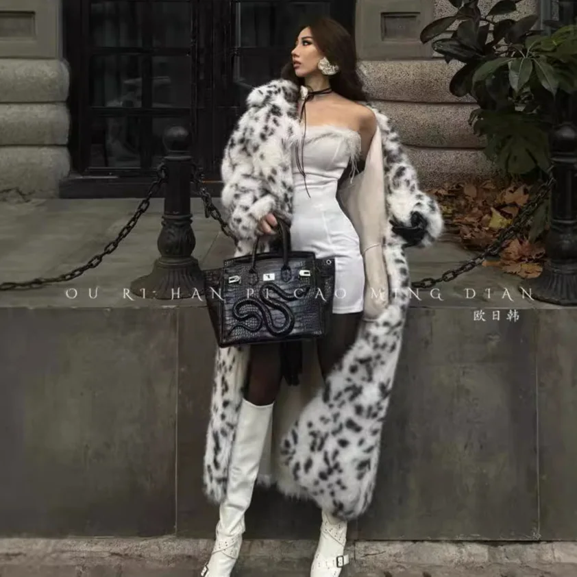 Bobcat Pattern Imitation Fox Fur Jacket Women's Thickened Hair Long Leopard Print Suit Collar Fur Coat Light Luxury