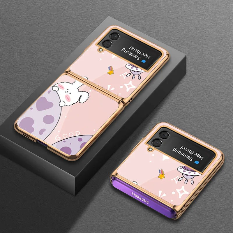 Cute Rabbit Protective Case for Samsung Z Flip3 Case Luxury Plating Tempered Glass + Hard PC Cover for Galaxy Z Flip 3 Case