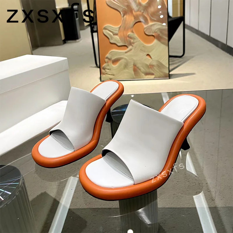 

High Quality New Leather Thin High Heels Slippers Women Slip On Open Toe Sexy Pumps Brand Party Shoes Mujer For 2023 Summer
