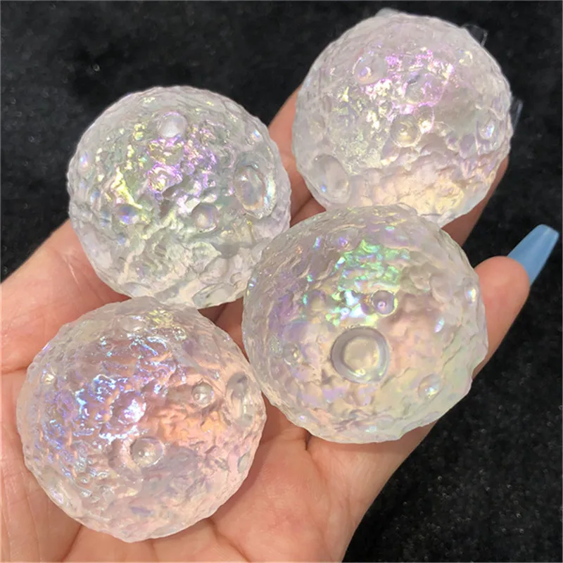 1PCS Angel Aura Quartz Crystal  Hand Carved Moon Sphere Stone Healing Gemstone Crater Ball Halloween Home Decoration