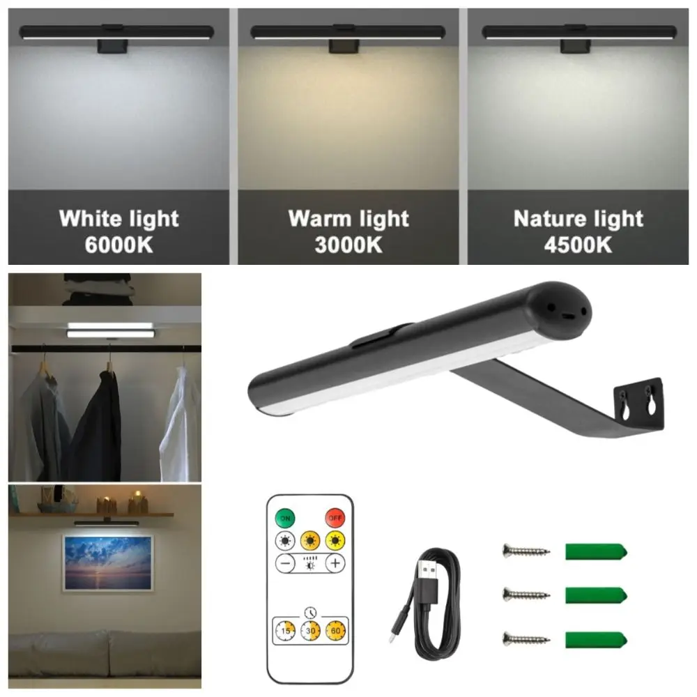 

3-цветный светодиодный магнитный настенный светильник с затемнением, перезаряжаемый современный дизайн, беспроводной светильник для картин с дистанционным управлением, энергосбережение