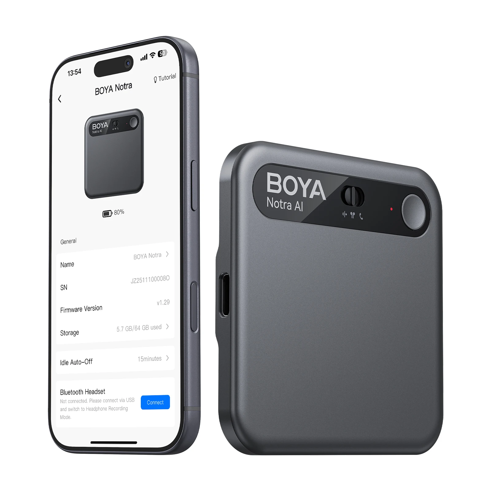 BOYA Notra 64GB Professioneel AI-opnameapparaat, meertalige AI-transcriptie slimme oproeprecorder voor conferenties & interviews