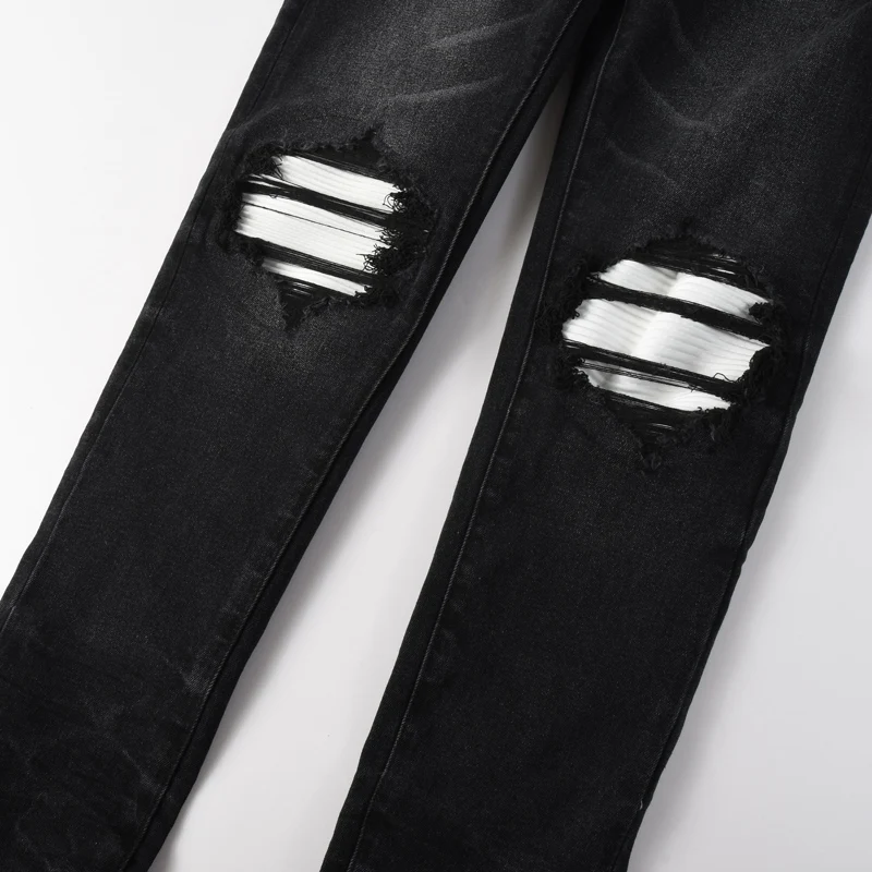 هاي ستريت موضة الرجال الجينز ريترو أسود رمادي تمتد سليم صالح الأبيض مرقع ممزق الجينز الرجال الهيب هوب العلامة التجارية الدنيم السراويل Hombre