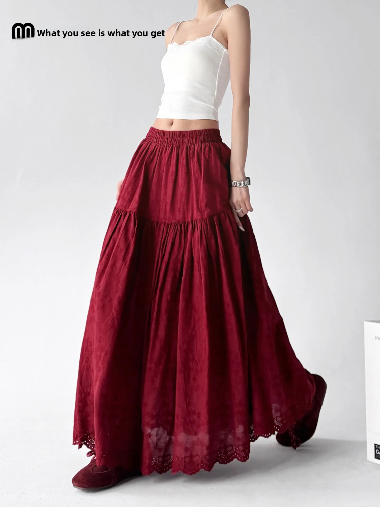 

Ретро-юбка асимметричного кроя красного цвета для женщин, новая коллекция весна-лето, с эластичной талией, большим оборком, А-силуэта, с кружевной отделкой и вставками