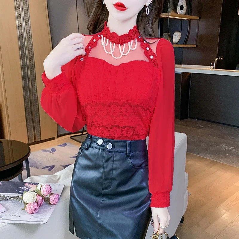 Girls Streetwear Lace Splicing See-through Sexy Tops Women Clothes Female Spring Autumn Ladies T-shirt Cheap Wholesale BPAA9015