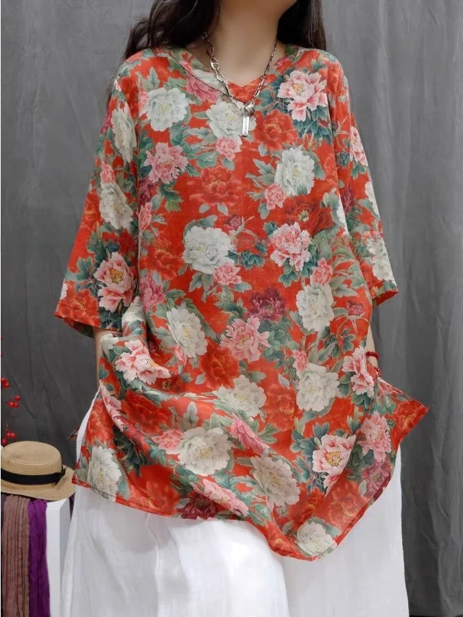 

Casual Hemp Print Vintage Top Women's Summer New Large Size Loose V-Neck Midi Artistic Shirt Dress Casual Style Loose Fit