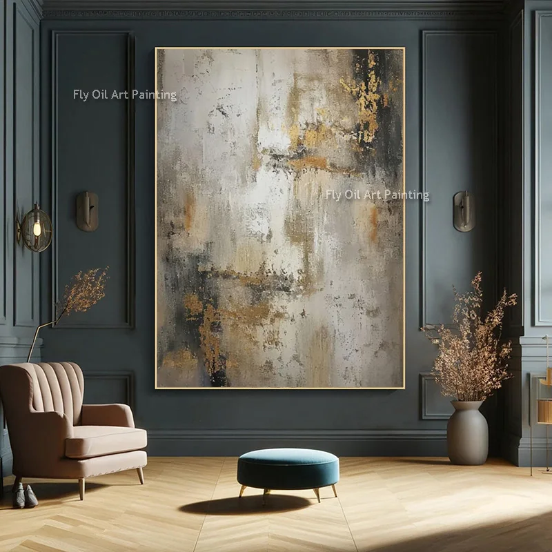 Brown Grey Simple Canvas Artwork Large Original Design Handpainted Black Gray Oil Painting Golden Yellow Home Wall Decor Items