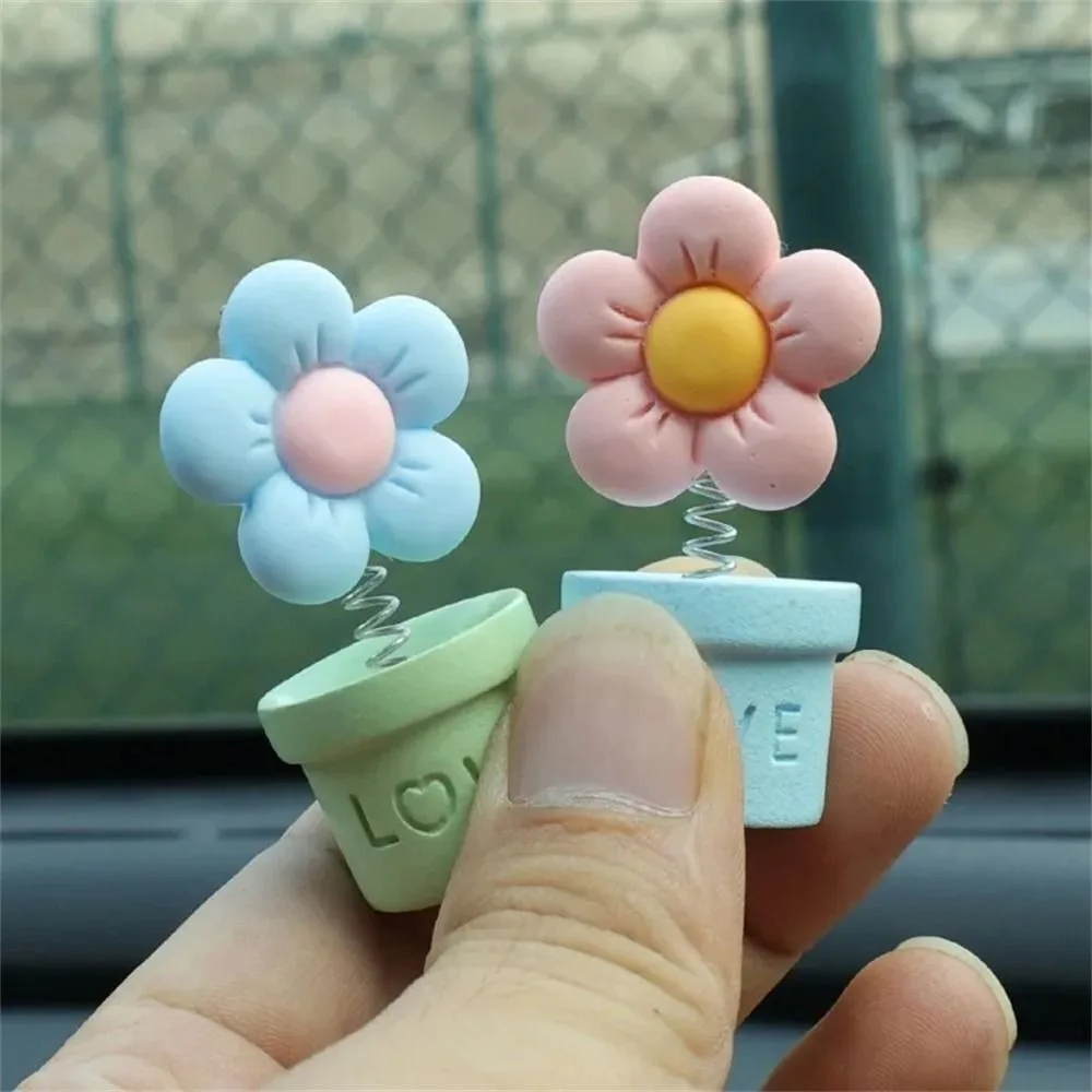 Cute Cartoon Dashboard Decoration Candy Color Car Shaking Spring Head Toy Resin Shaking Flower Pot Ornament Auto Accessories