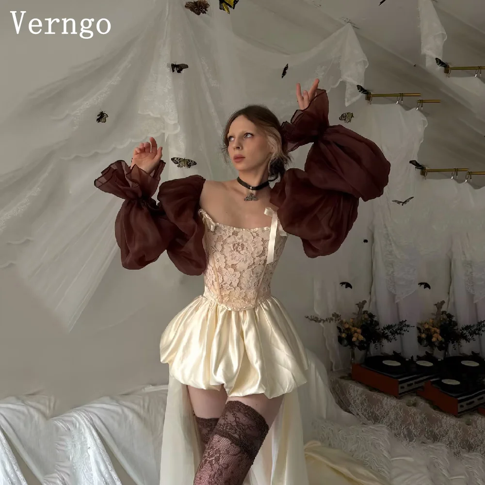 Verngo lvory Satin Mini Prom Gown 2 Pics High Low Party Dresses Lace Up Sweep Train Organza Sleeves Evening Dresses Customized