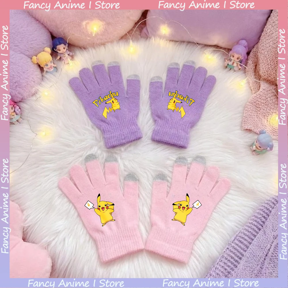 قفازات محبوكة لطيفة على شكل رسوم متحركة بيكاتشو تعمل باللمس للأولاد والبنات في الهواء الطلق لركوب الدراجات في الشتاء الدافئ للأطفال إكسسوارات هدايا