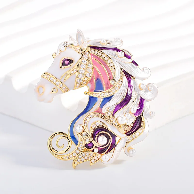 Dreamy Colorful Pearl Horse Head Brooch , Micro-Set Zircon Animal Brooch, Elegant and Sophisticated Zodiac Gift XR16379