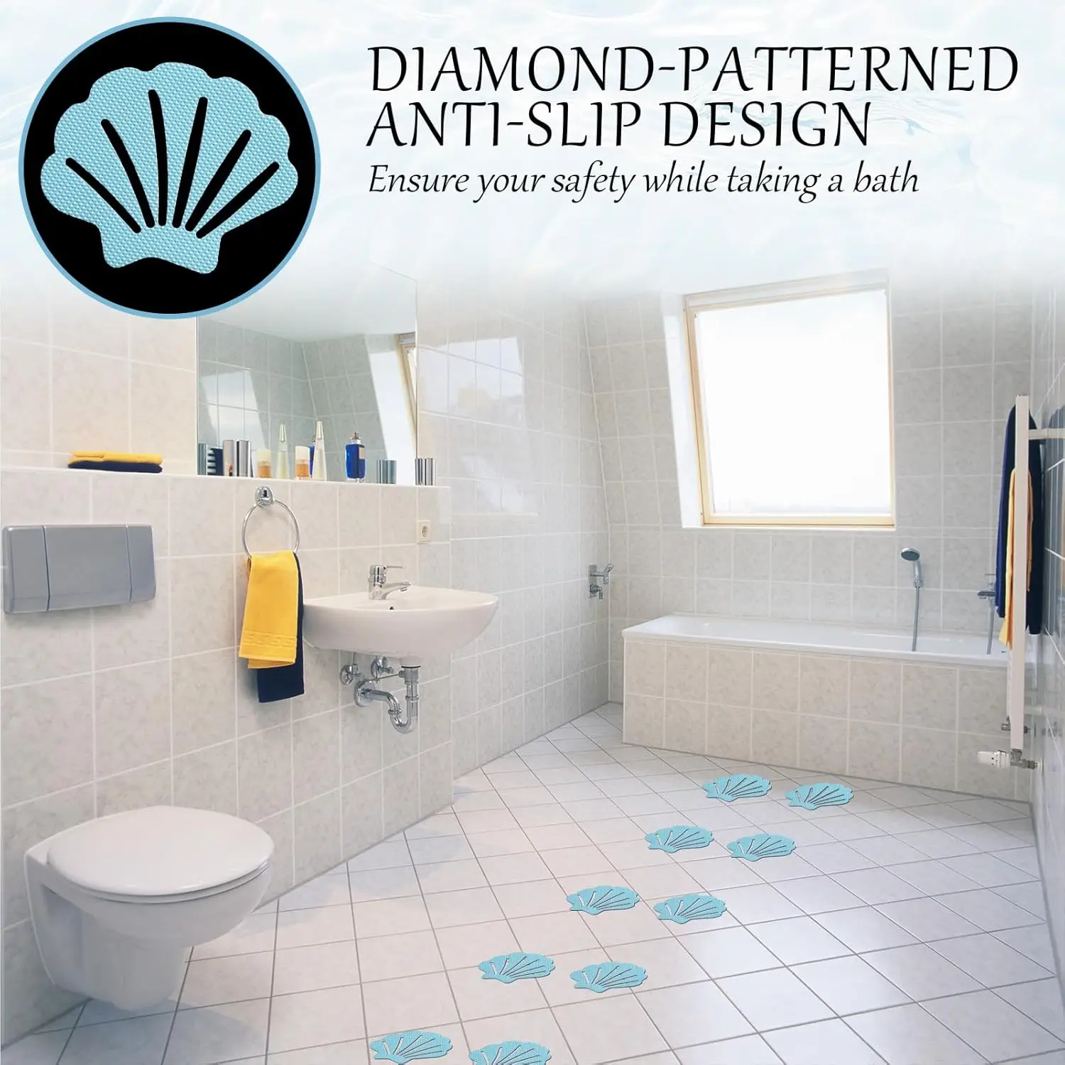 Shell Shaped Non-Slip Bathtub Stickers Anti-Skid Shower Floor Decals with Adhesive Decals Scraper Self-Adhesive Bath Tub Pads