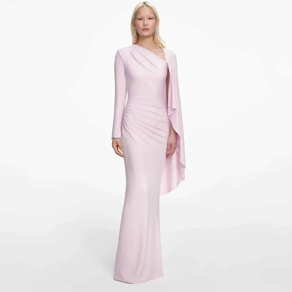 

Simple Prom Gowns Long Sleeves Satin Pleat Straight Floor Length with Shawl Evening Dress Customized Pale Pink Party Dress