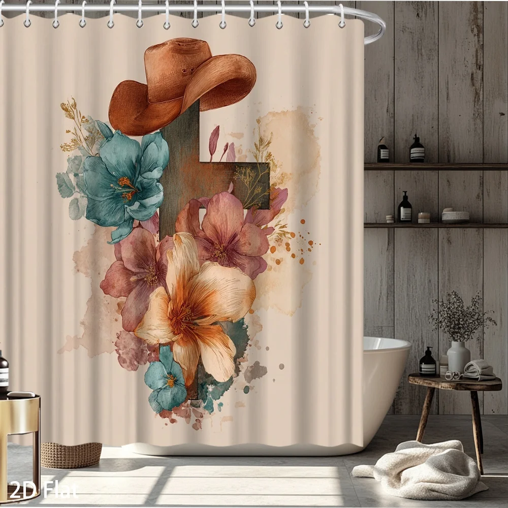 Boho Floral Western Cross Shower Curtain Bathroom Decor Tapestry Waterproof Shower Curtain Liner