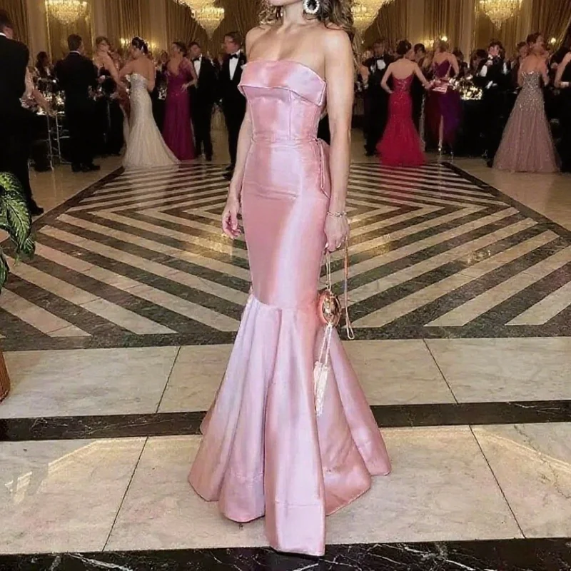فساتين حفلات الزفاف باللون الوردي الفاتح للنساء بدون حمالات حورية البحر من الساتان فستان سهرة بدون أكمام فساتين لحضور الحفلات الموسيقية حسب الطلب