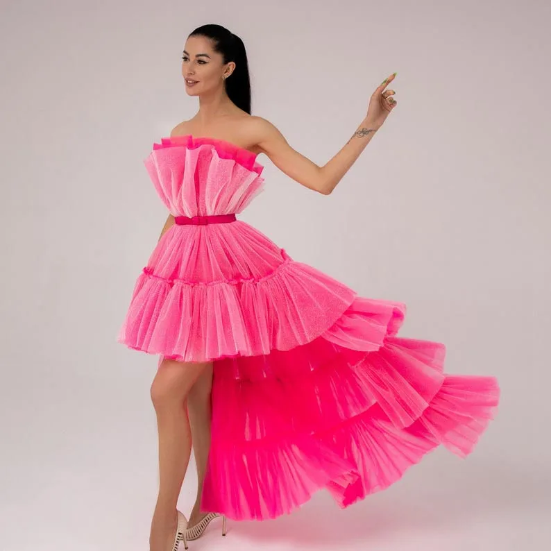 

Elegant Lace Up Back Hi Low Dresses Women Strapless Ruffled Tulle Party Dress Puffy A-line Long vestidos de mujer casual elegant