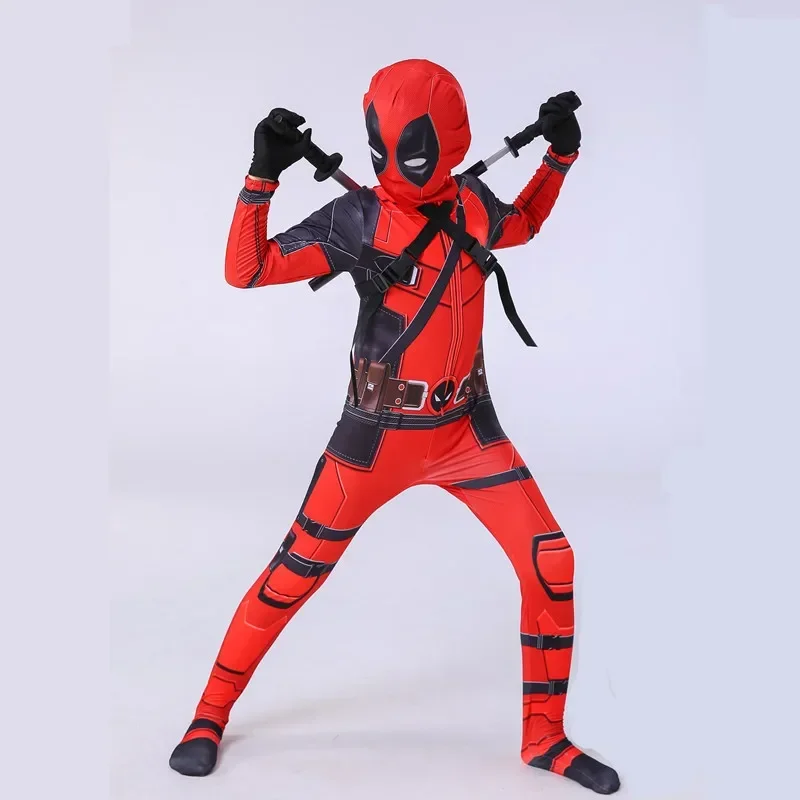 Adult Deadpool Costume Men Women Kids Cosplay Mask Suit Jumpsuit Backpack Knif Accessories Superhero Halloween Costume Child