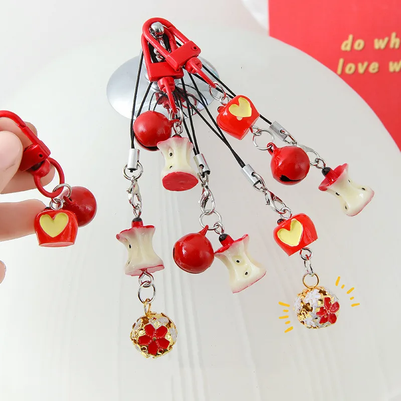Cartoon Red Apple Keychain Charms Phone Chain Straps Cute Bag Backpack Hanging Pendant Key Chain Keyring For IPhone For Sumsung