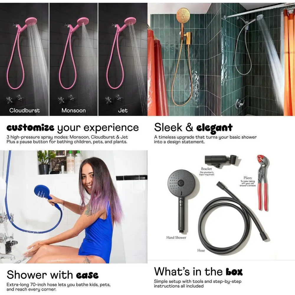 

High-Pressure Handheld Shower, 3 Modes with Pause, 70 Hose, Eco-Friendly, Easy Install, Pink