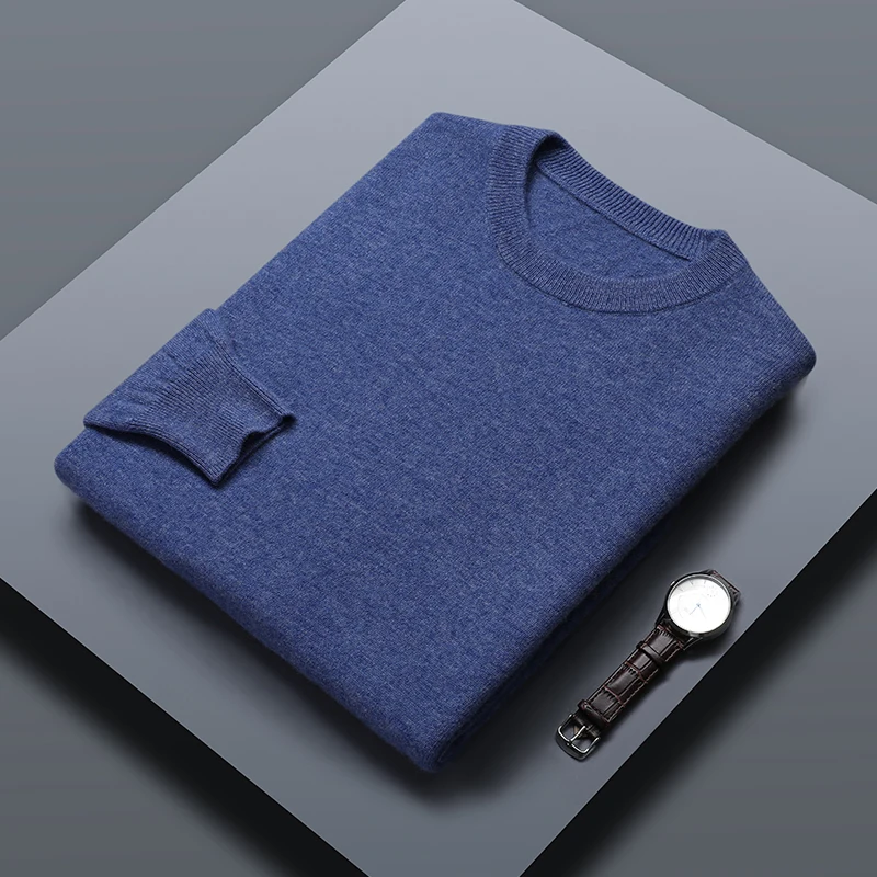 Classic Solid Color Men\'s O-neck Sweater Autumn Winter 100% Merino Wool Knitted Pullover Long Sleeve Warm Loose Casual Men Tops