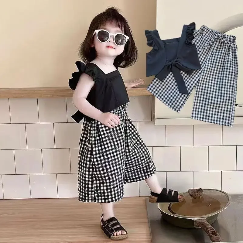 

Girls' Sleeveless Vest+pants Set 2024 Summer Children's Clothing Sets Lattice Pants Baby Summer Casual Two-piece Clothes Suits