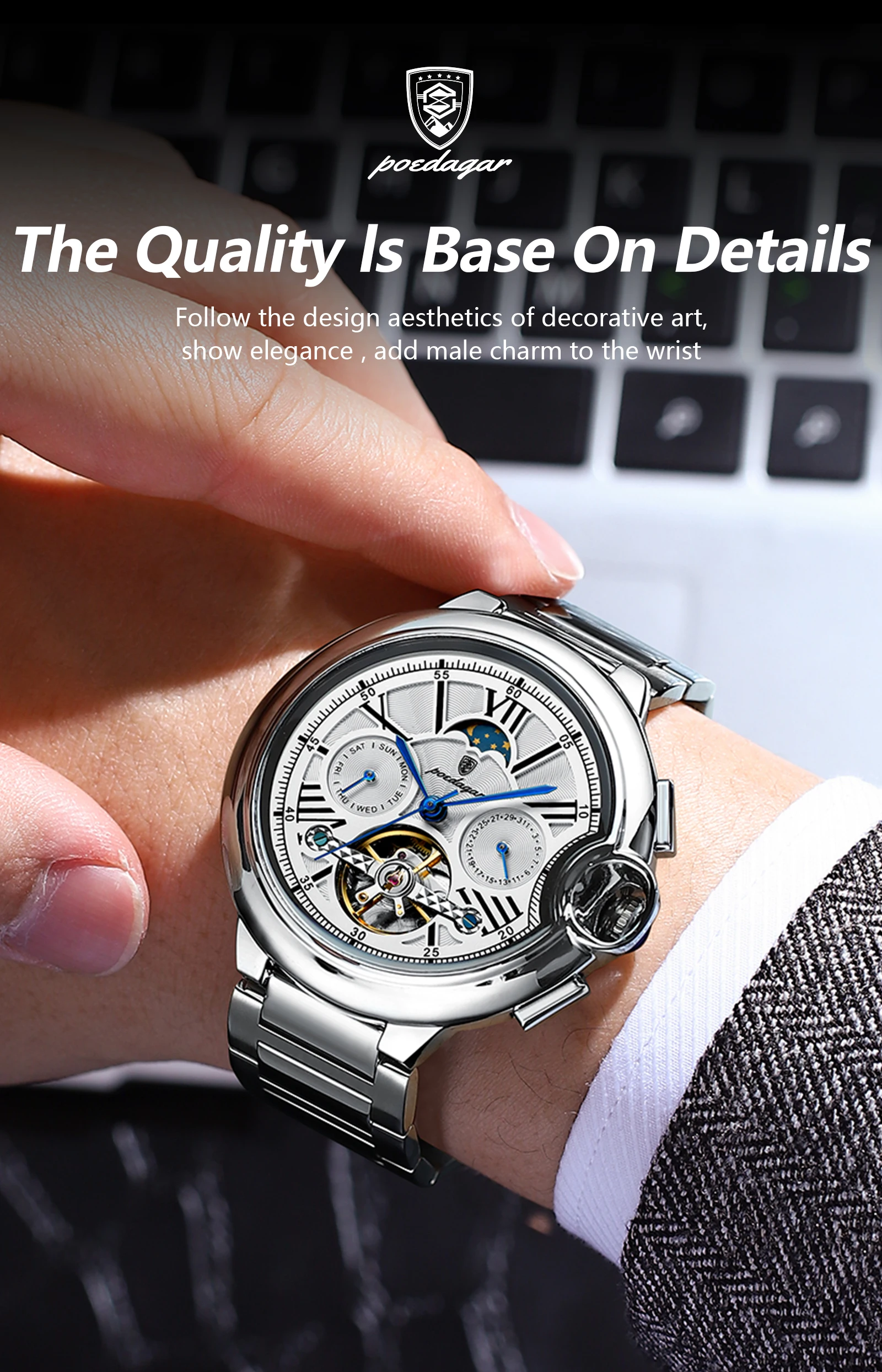 POEDAGAR Luxus Business Männliche Uhr Datum Woche Edelstahl Tourbillon Männer Uhr Wasserdichte Automatische Mechanische herren Uhren – Detail 4
