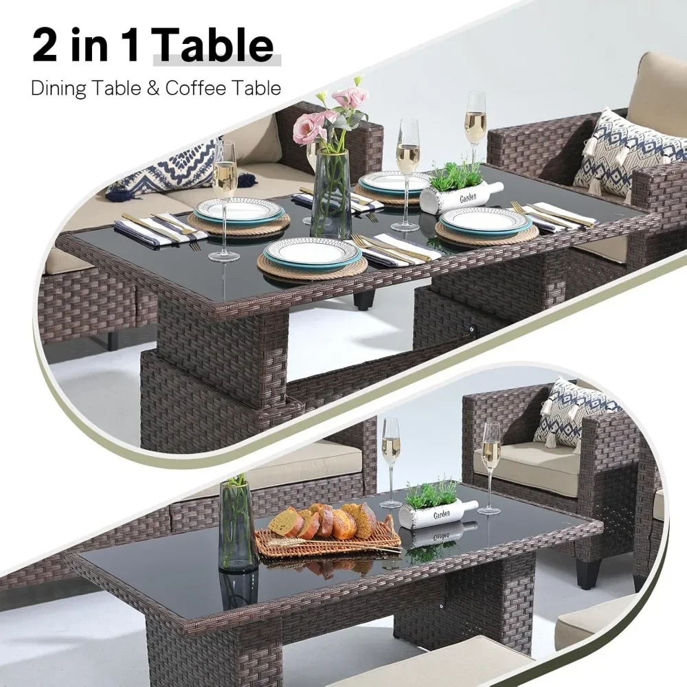 Outdoor Patio Furniture Set 6 Piece Wicker Conversation Set, Sit-Stand Coffee Table, 3 Seater Sofa with Ottoman