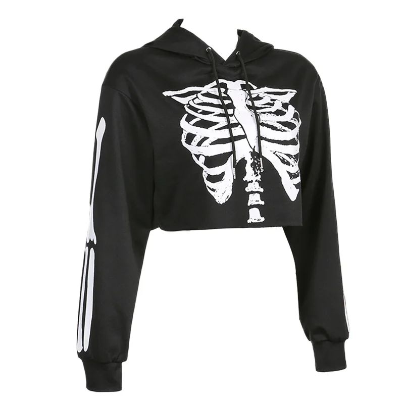 Women Y2k Gothic Crop Sweatshirt Skeleton Halloween Long Sleeve Hoodie Top Casual Goth Pullover Crop Top Emo Clothings