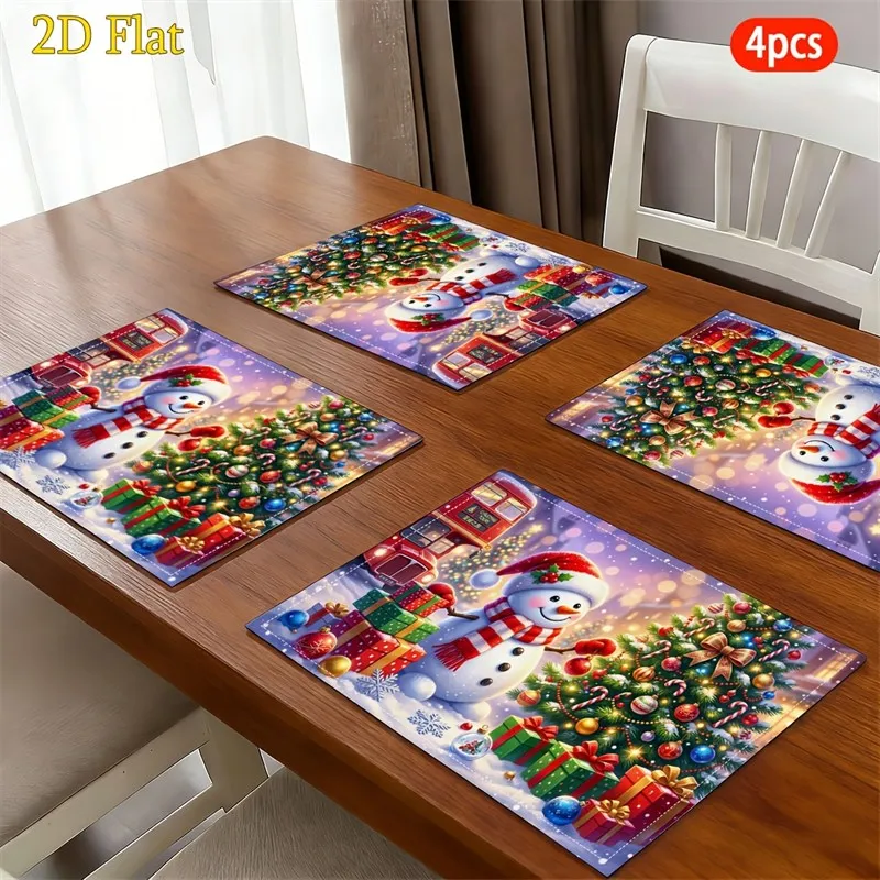 VIKAMA Christmas Linen Placemats, Snowman Gifts Purple Bokeh, Washable Easy Clean, Festive Dinner