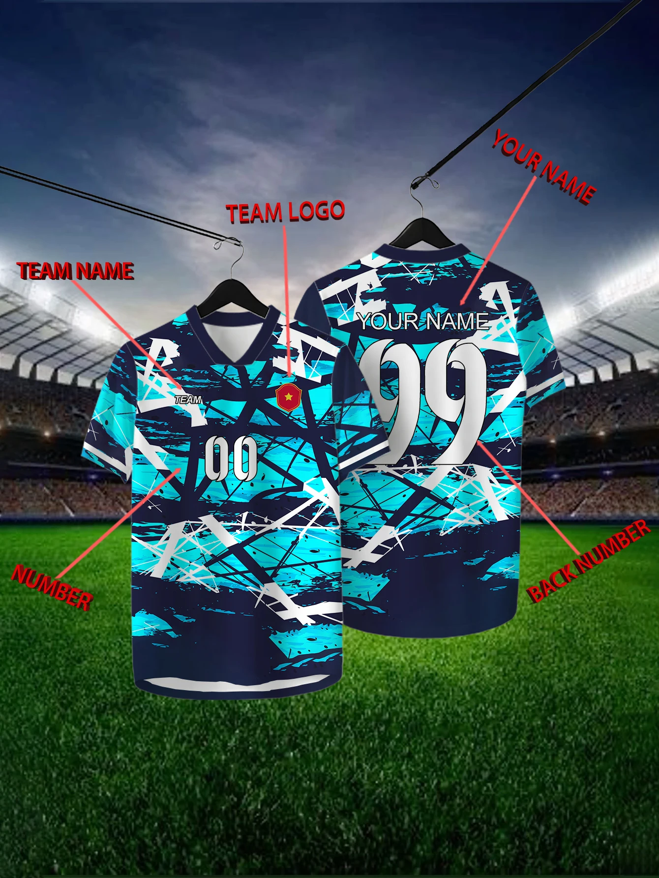 

Customized Geometric Blue Short Sleeved Shirt with Team Name, Emblem, Name and Number, Outdoor Sports Short Sleeved T-shirt