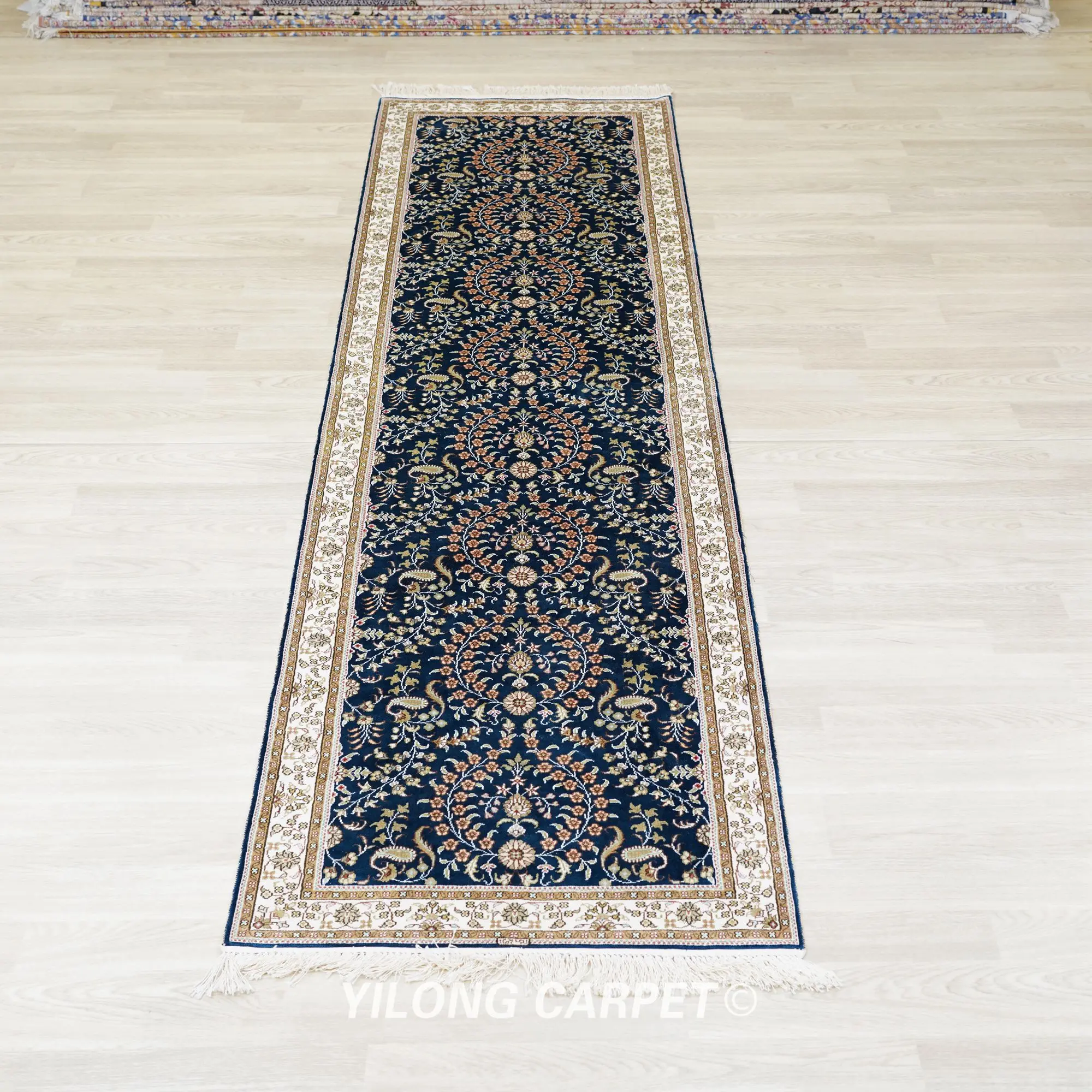 76x274cm Blue Hallway Hand knotted Silk Rug Runners Corridor Carpet Strip (YJH108B)