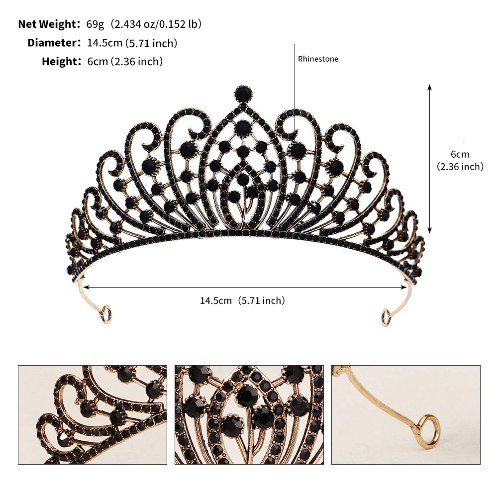 Black Crowns For Women Baroque Rhinestone Crown Tiara Halloween Hair Jewelry Accessories Party Headpieces Gift for Friend