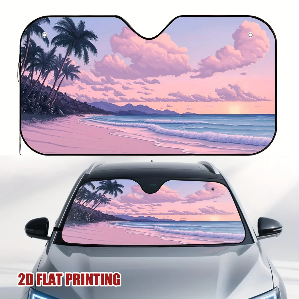 Pare-soleil de voiture rose Sunset Beach Bliss, scène de plage tropicale avec palmiers et vagues d'océan, impression plate 2D, garde la voiture fraîche, 1 pièce