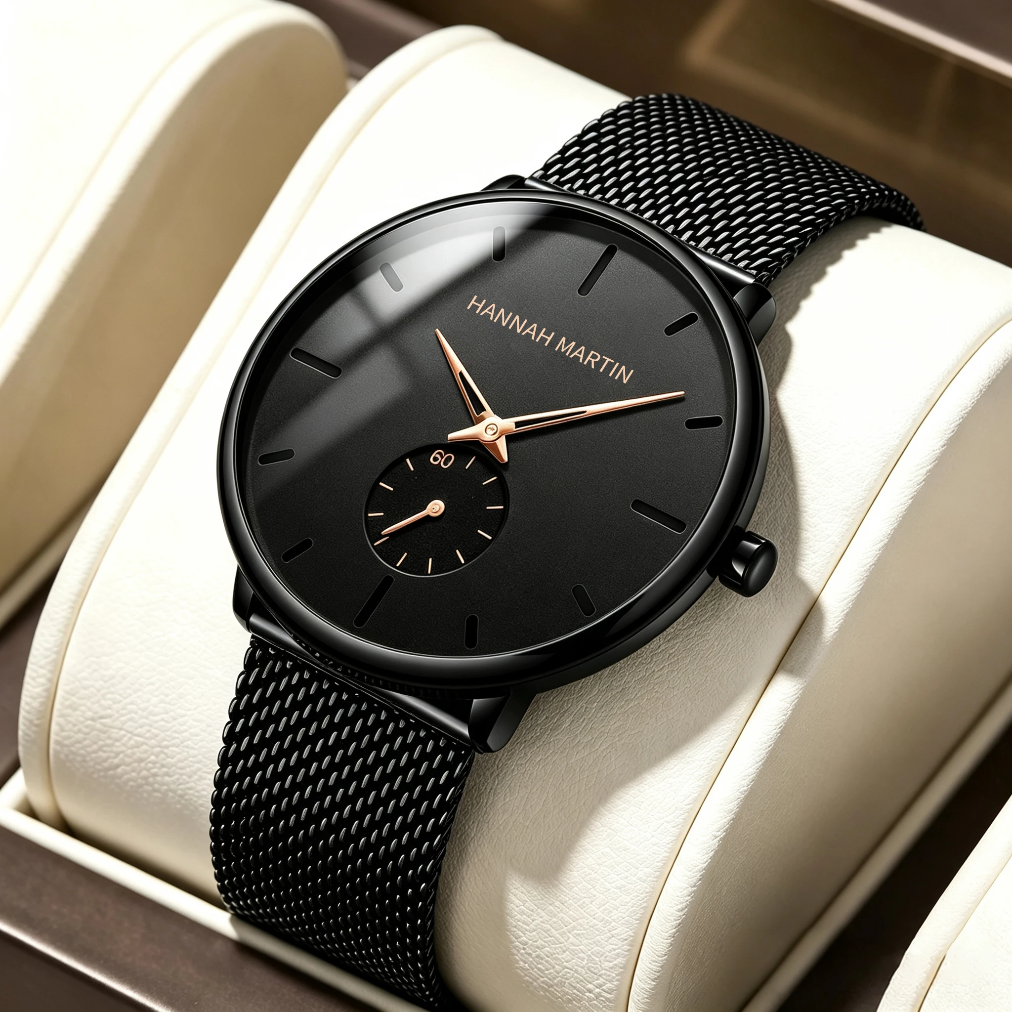 Hannah Martin Watch Simple Design Man Waterproof Stainless Steel Mesh Top Brand Men Black Fashion Quartz Watch Relogio Masculino