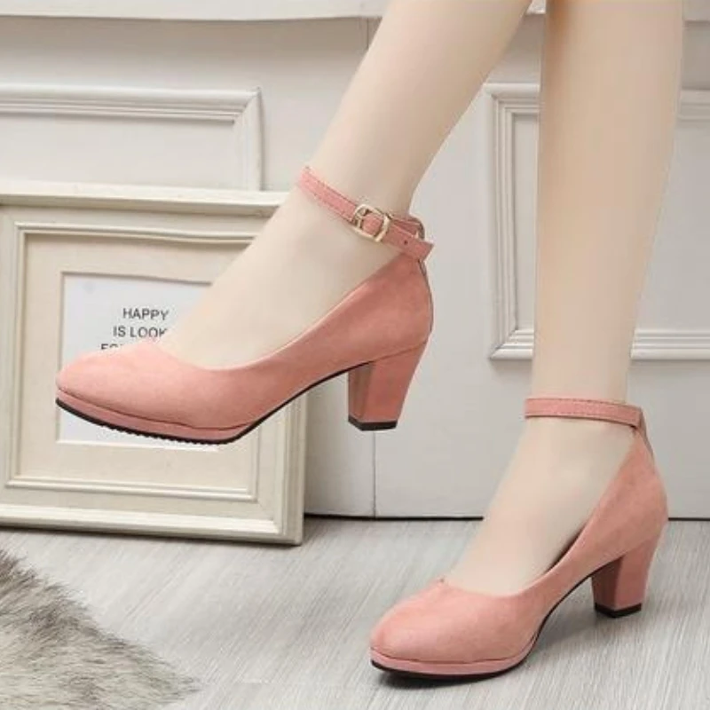 2026 New Solid Color Simple Joker Women's High Heels Spring and Autumn Buckle Design Round Head Banquet Mary Jane Shoes