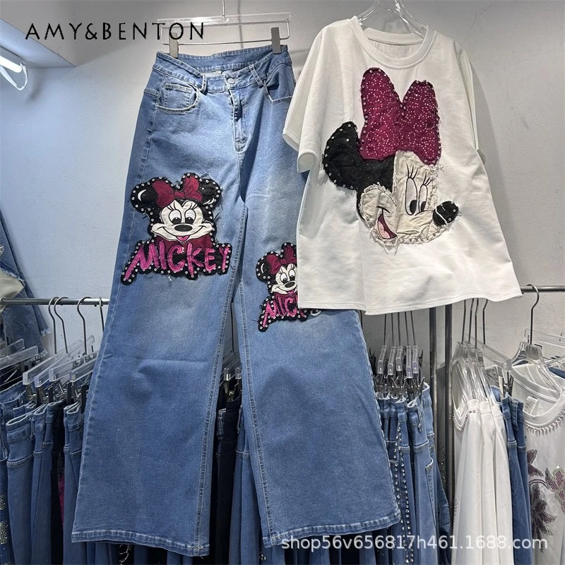 

American Style Patchwork Letter Cartoon Short Sleeves T-shirt Top + Jeans 2pcs Set Fashion High Waist Denim Wide-Leg Pants Suit